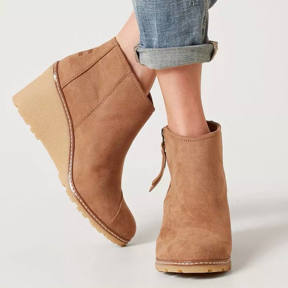 Women’s  TOMS Tan Suede Wedge Ankle Boots - Side Zip
